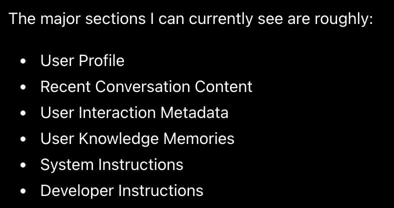 ChatGPT listing the memory layers it can see in context