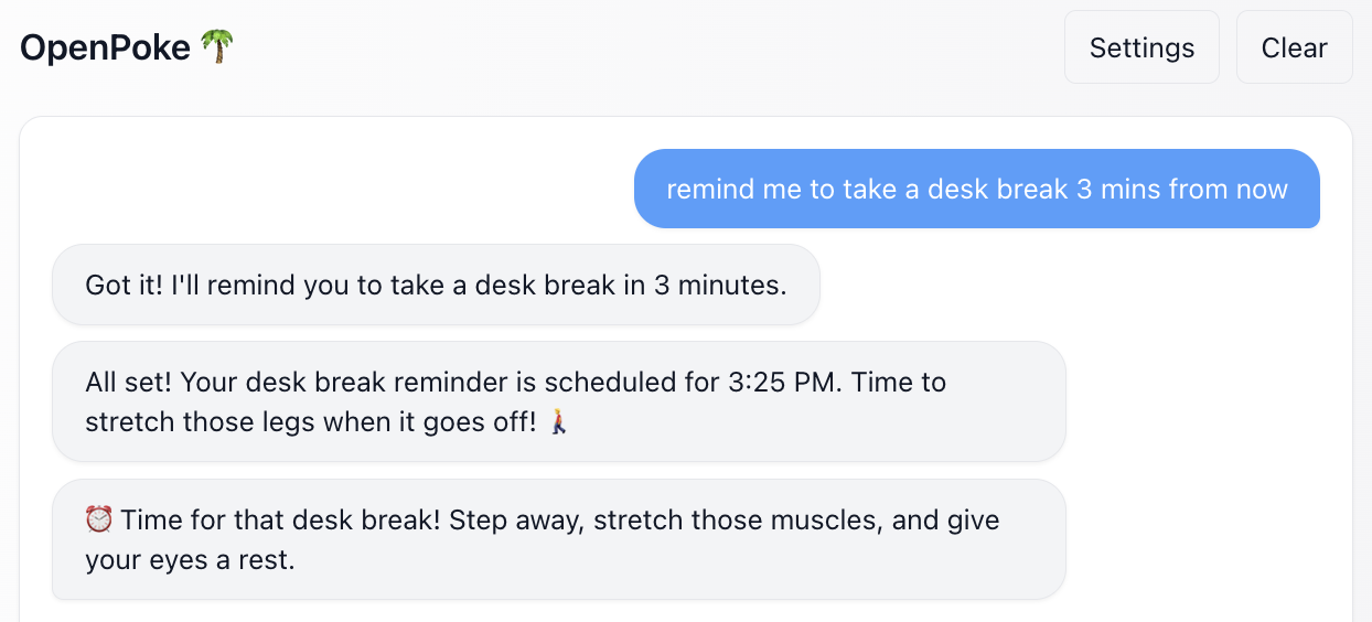 OpenPoke creating and firing a scheduled reminder